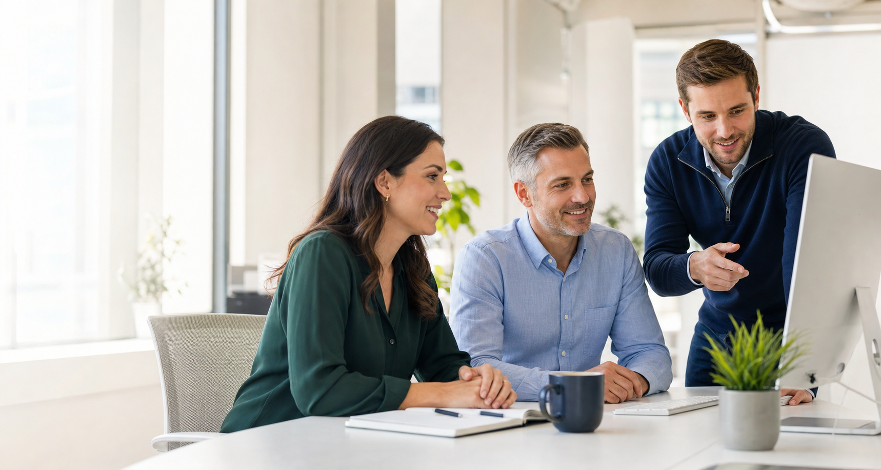 Three professionals collaborating at a computer