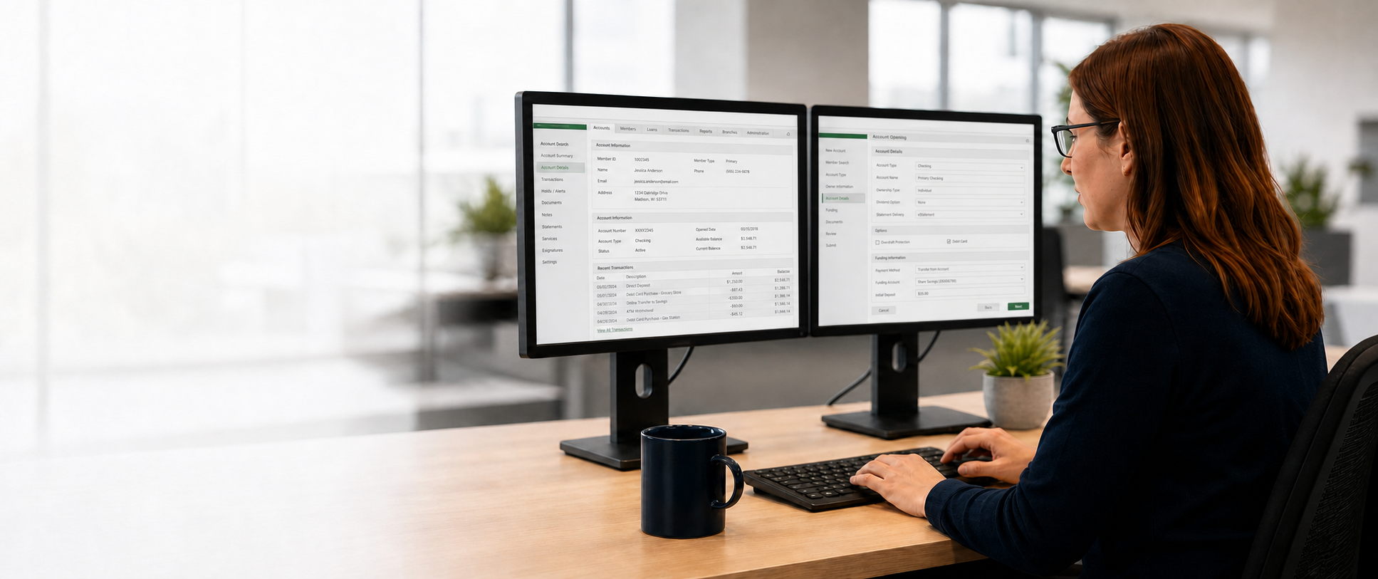 A professional using gray core processing software with green highlights at a dual-monitor workstation